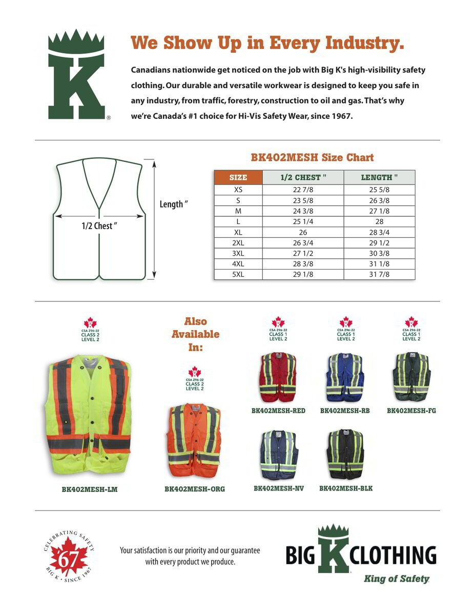 BK402LM-MESH Size Chart