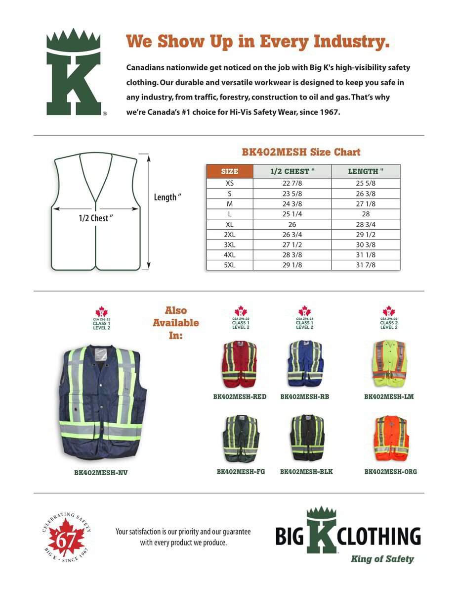 BK402NV-MESH Size Chart