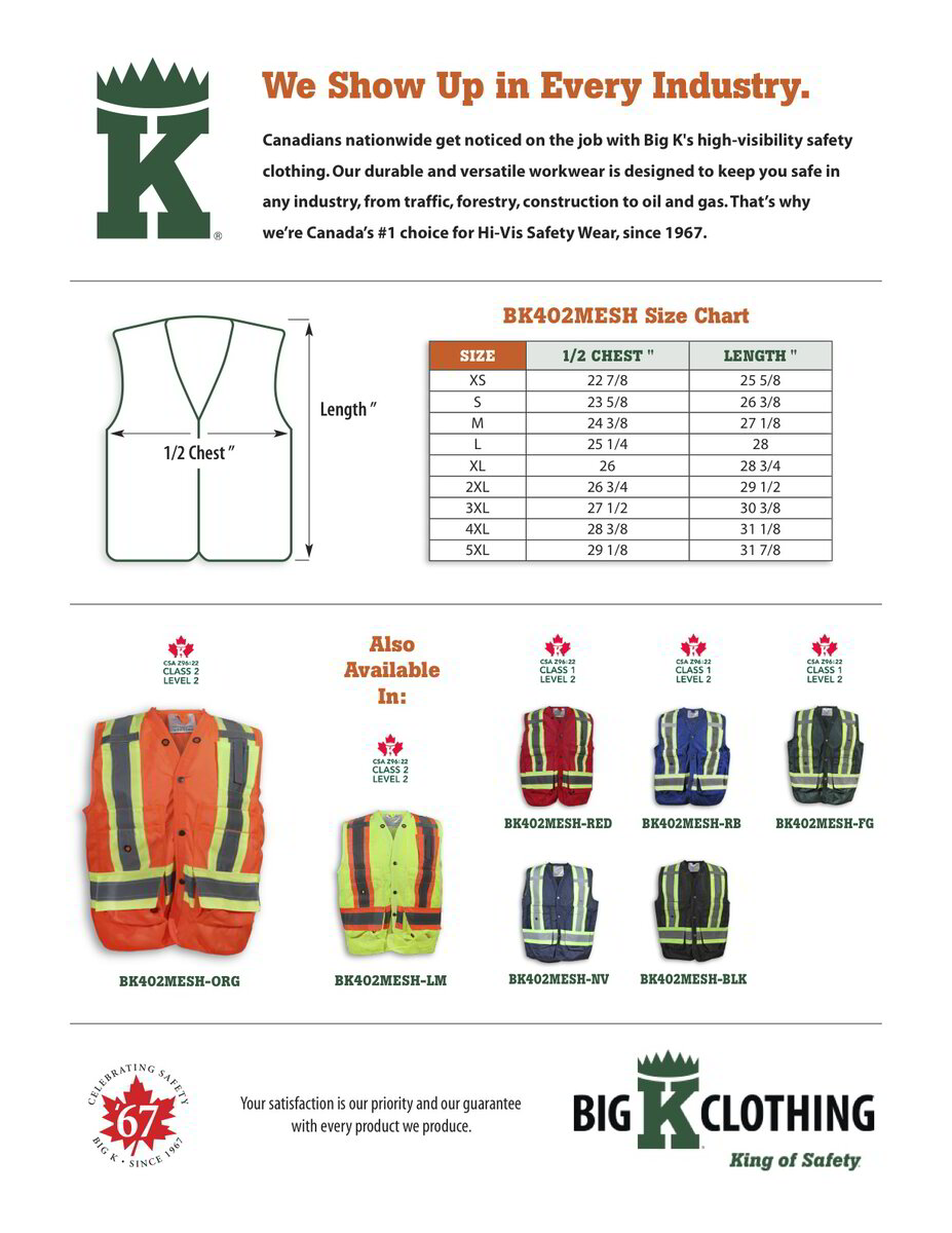 BK402ORG-MESH Size Chart