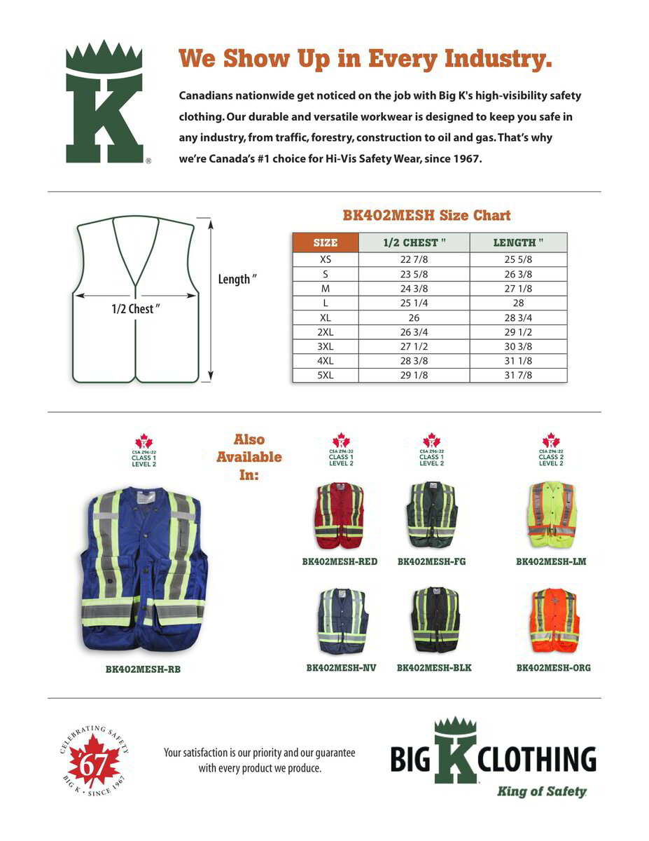 BK402RB-MESH Size Chart