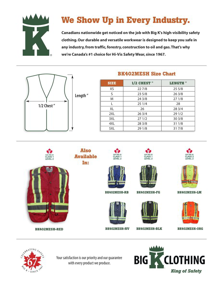 BK402RED-MESH Size Chart