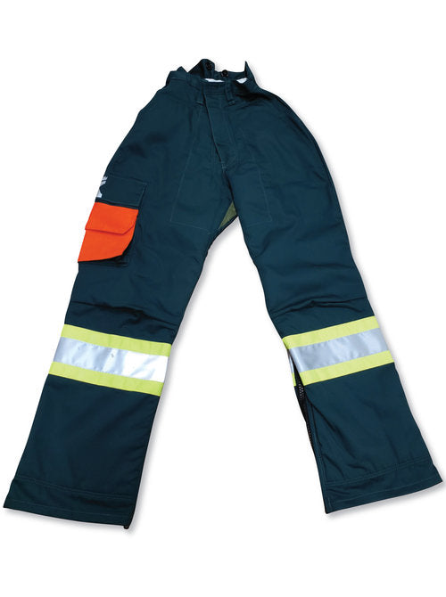 Big K BK902BNQ Forest Green Poly/Cotton Faller Pants - 4” Hi-Vis Tape, Zippered Legs, 6-Ply Avertic Safety Pads, ASTM Certified