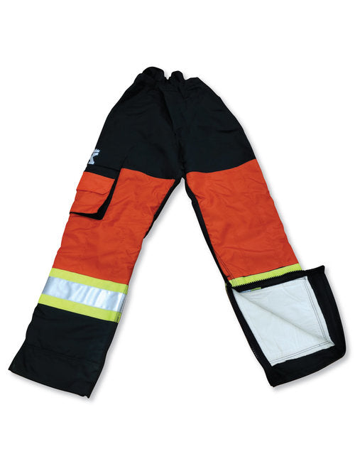 Big K BK907BNQ Black/Orange Poly/Cotton Faller Pants - Knee Reinforcements, 4” Hi-Vis Tape, Zippered Leg, 6-Ply Avertic Safety Pads, ASTM Certified