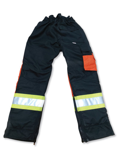 Big K BK907BNQ Black/Orange Poly/Cotton Faller Pants - Knee Reinforcements, 4” Hi-Vis Tape, Zippered Leg, 6-Ply Avertic Safety Pads, ASTM Certified