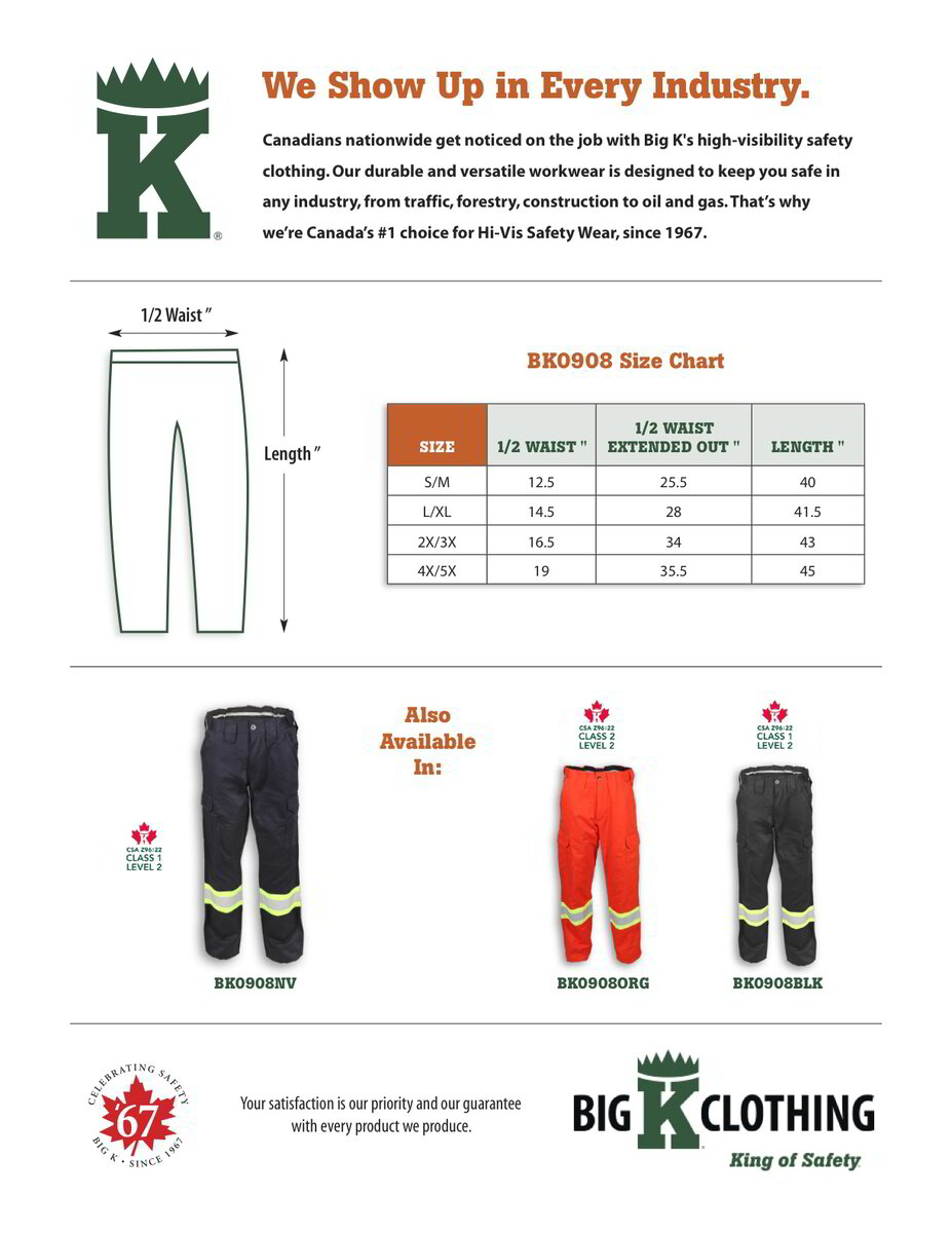 BK908NV Size Chart