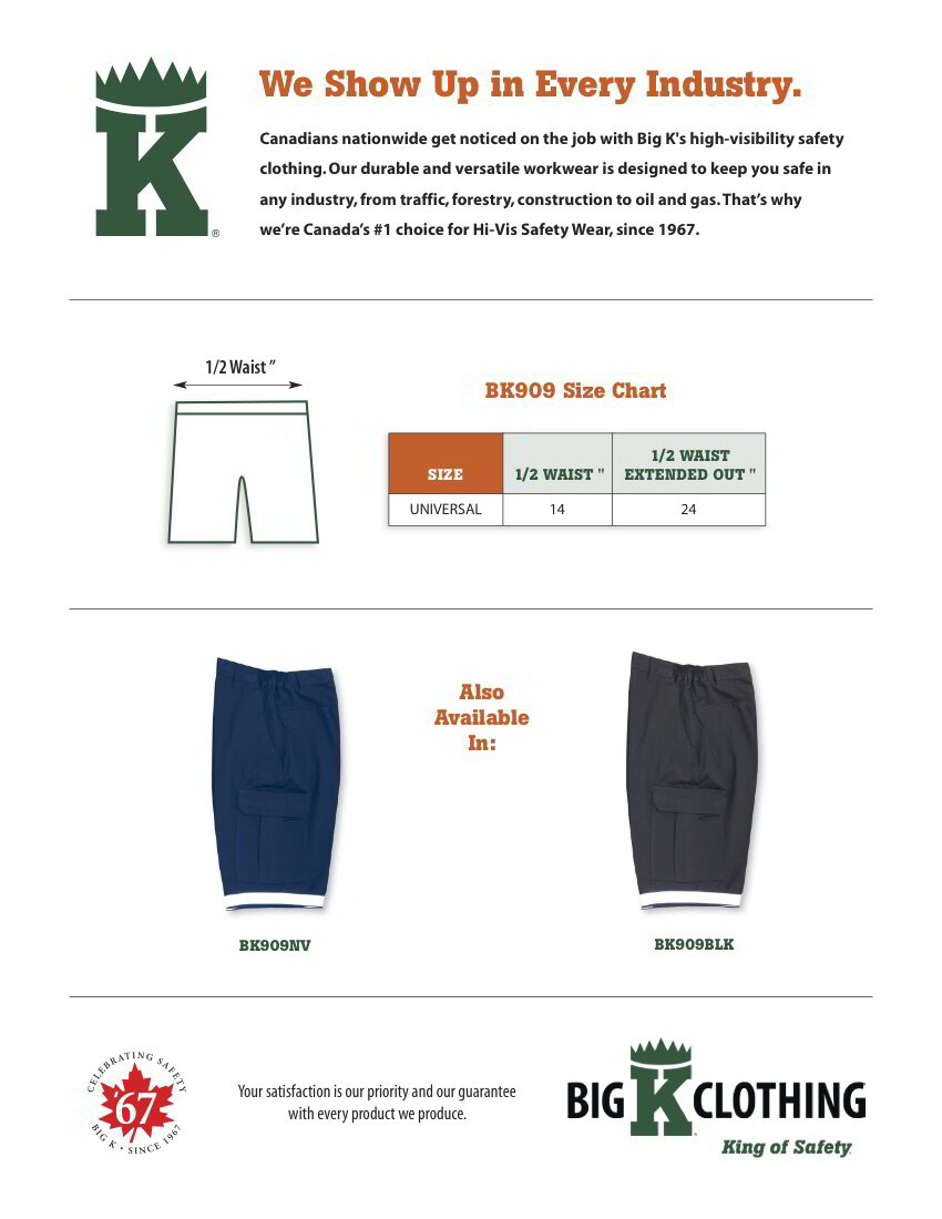 BK909NV Size Chart