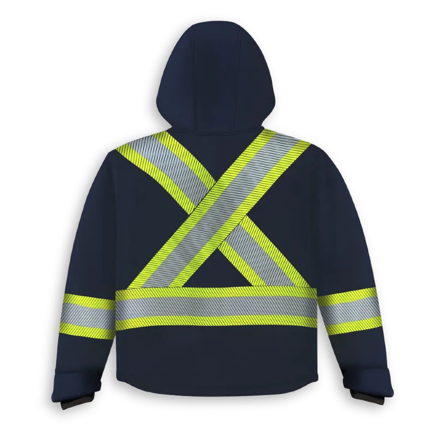 Back view of Big K navy soft shell hooded jacket with X-back segmented reflective tape and hood.