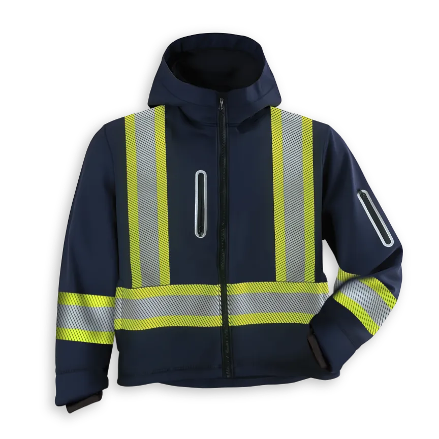 Big K navy soft shell hooded jacket with front zipper, chest pocket, arm pocket, and segmented reflective tape.