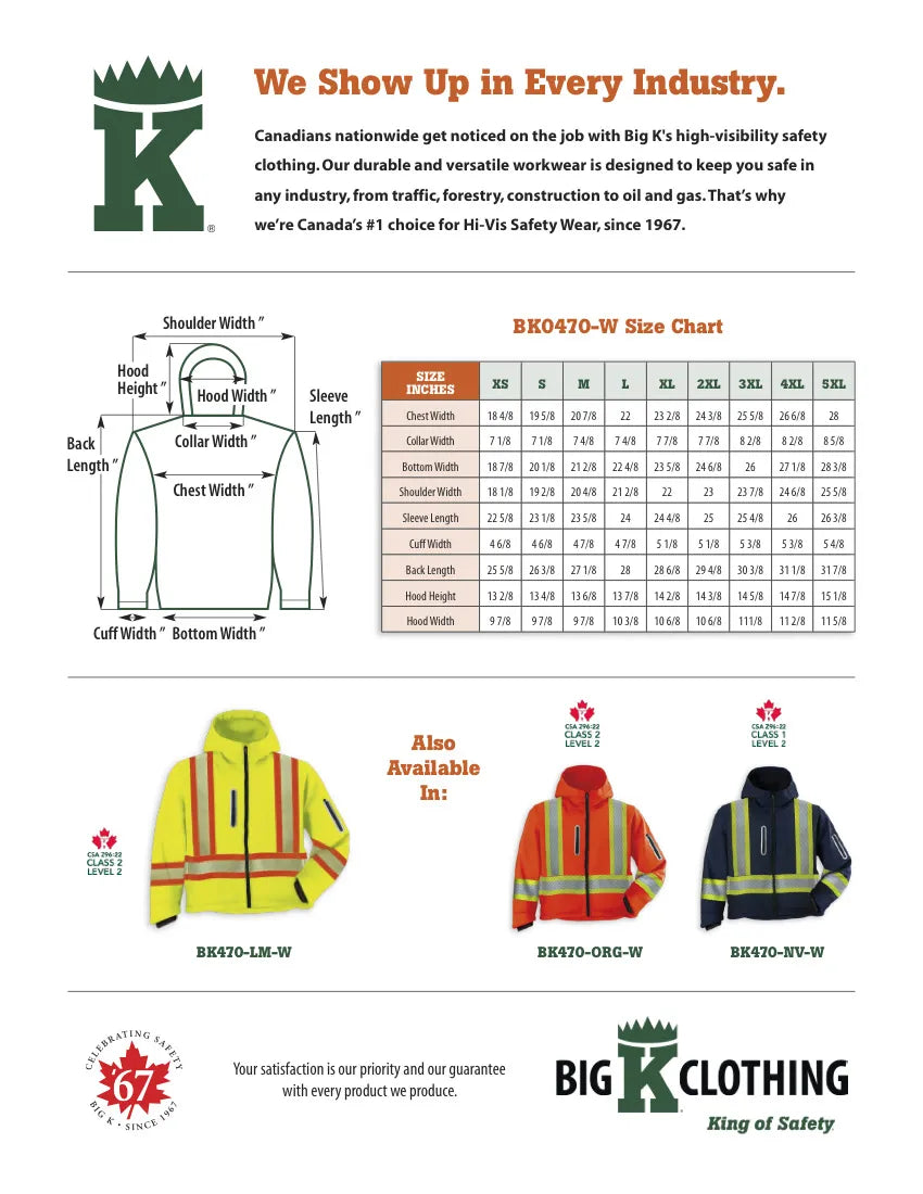 Big K soft shell hooded jacket size chart with lime, orange, and navy color options.