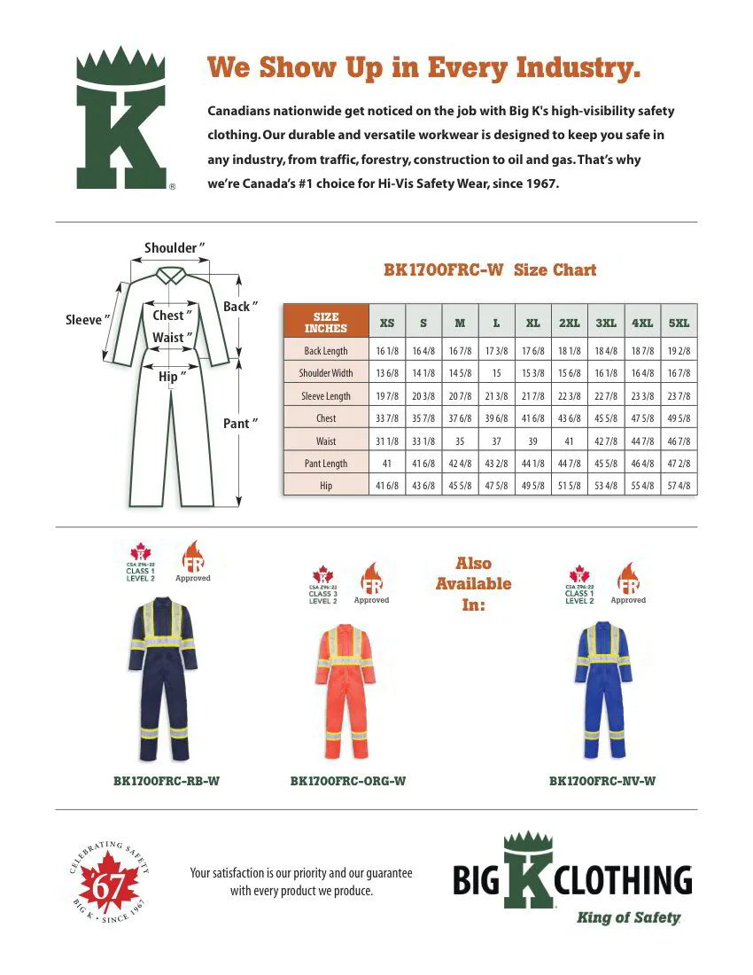 Big K women’s fire retardant coveralls size chart with orange, royal blue, and navy blue color options.