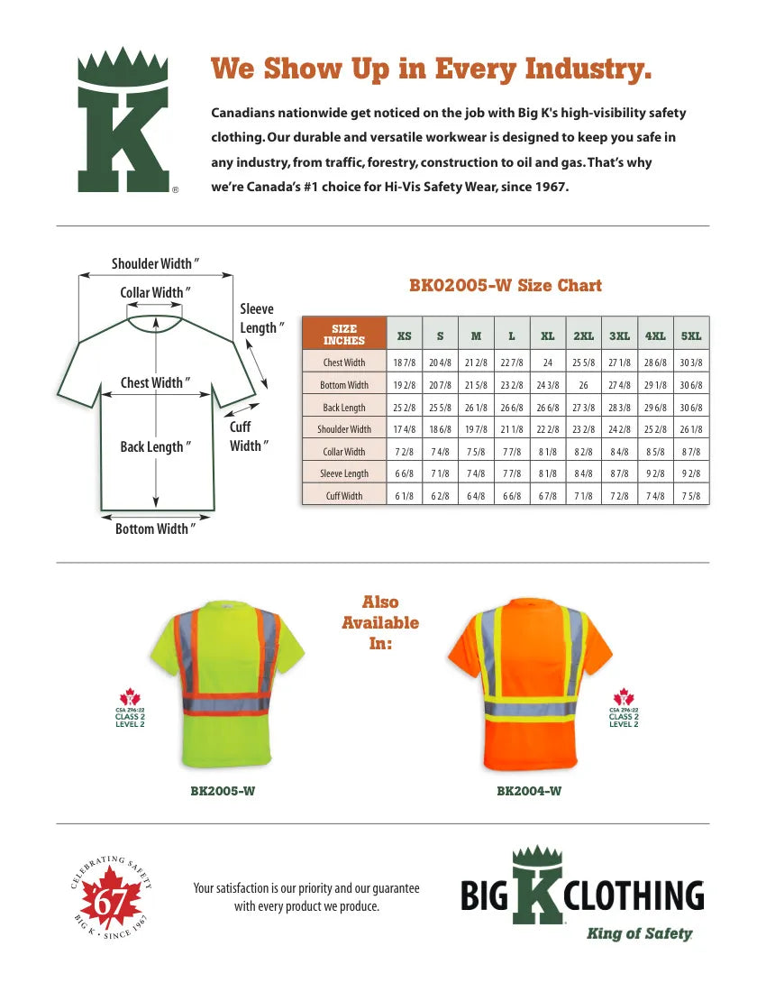 Big K women’s hi-vis safety t-shirt size chart with lime and orange color options.