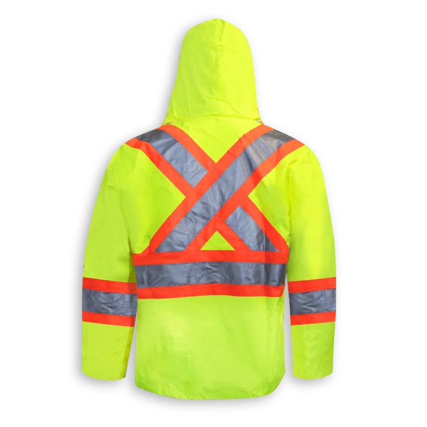 Back view of Big K women’s lime 300 denier polyester rain jacket with X-back reflective tape and hood.