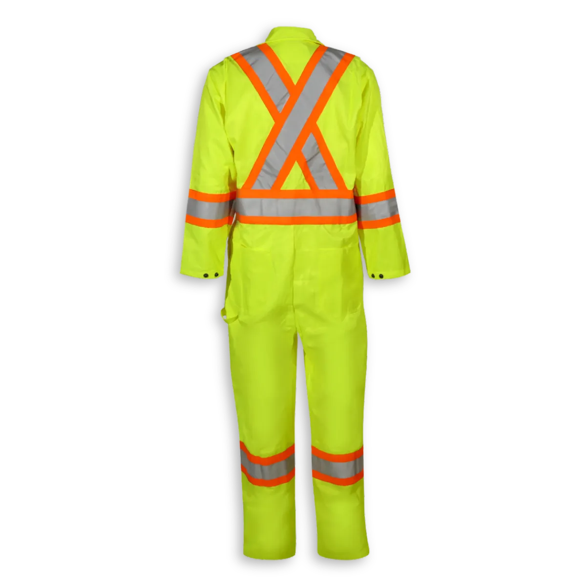 Back view of Big K women’s lime hi-vis safety coveralls with X-back reflective tape.
