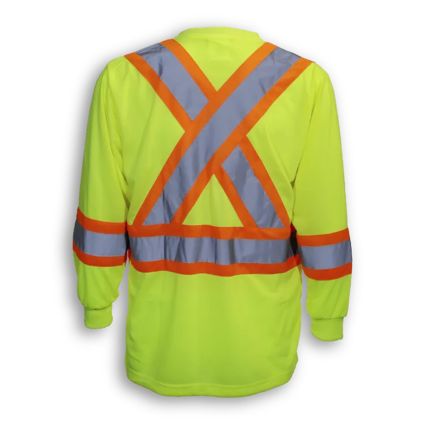 Big K women’s lime long sleeve hi-vis safety t-shirt with X-back reflective tape.