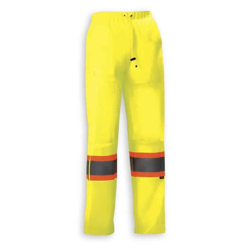 Big K women’s lime safety hi-vis tricot traffic pant with elastic waist, knee vents, and reflective leg tape.