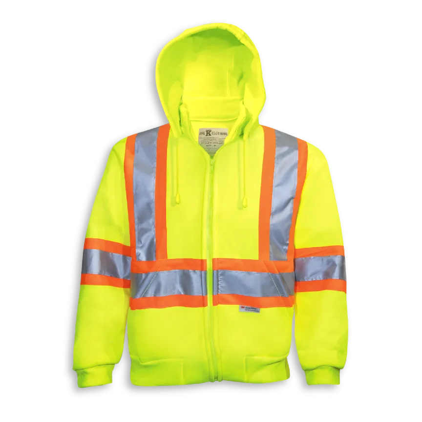Big K women’s lime safety hoodie with full-zip front, hood, hand pockets, and reflective tape.