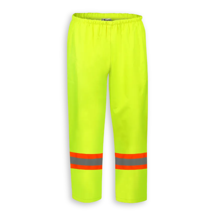 Big K women’s lime waterproof rain pant with elastic waist and reflective leg tape.