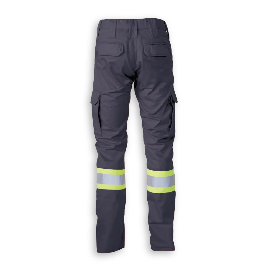 Back view of Big K women’s navy polyester/cotton cargo pant with cargo pockets and reflective leg tape.