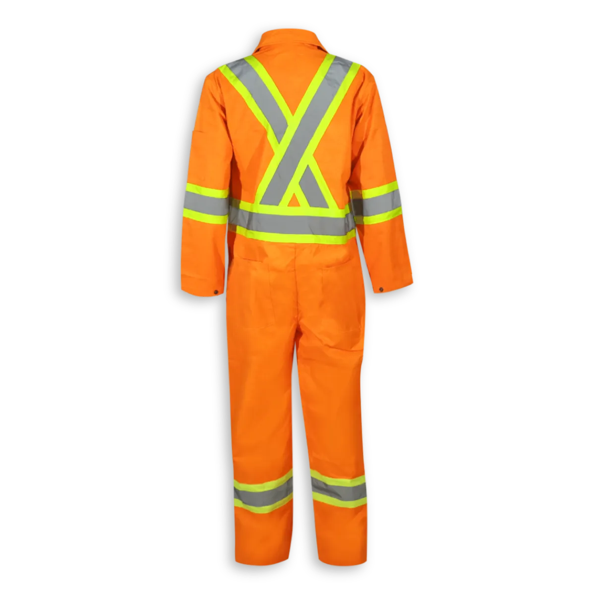 Back view of Big K women’s orange hi-vis safety coveralls with X-back reflective tape.
