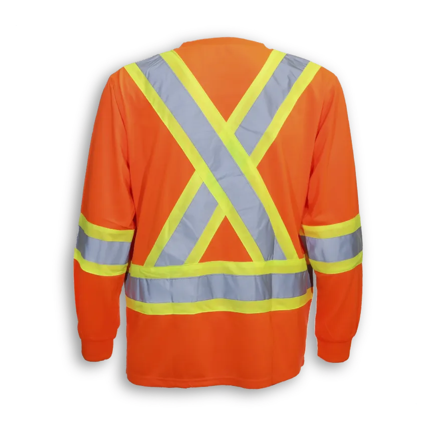 Big K women’s orange long sleeve hi-vis safety t-shirt with X-back reflective tape.
