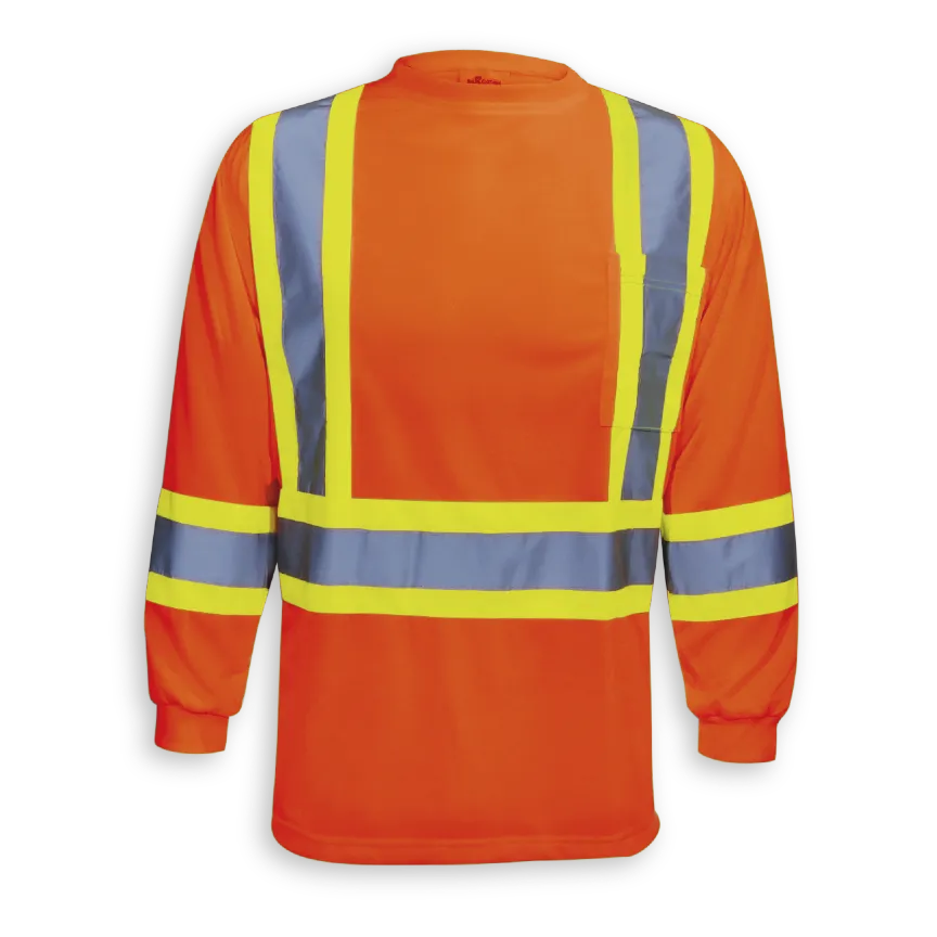 Big K women’s orange long sleeve hi-vis safety t-shirt with front reflective tape and chest pocket.