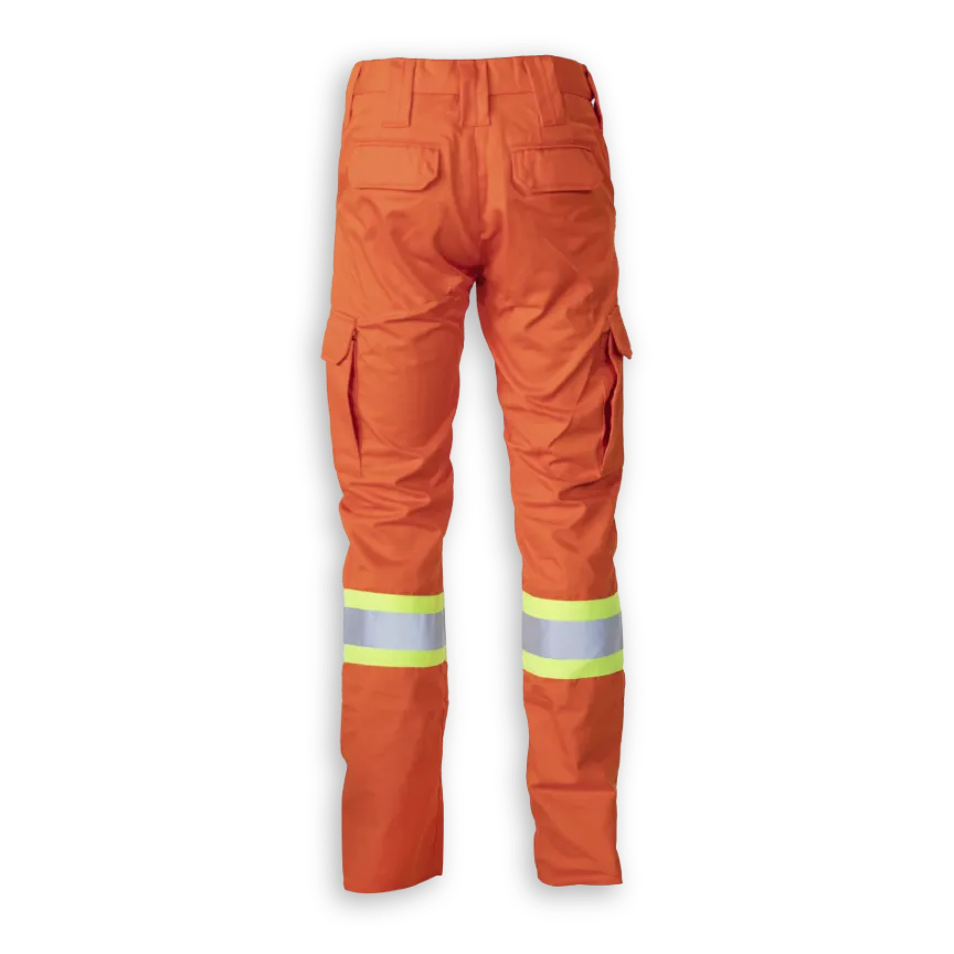 Back view of Big K women’s orange polyester/cotton cargo pant with cargo pockets and reflective leg tape.