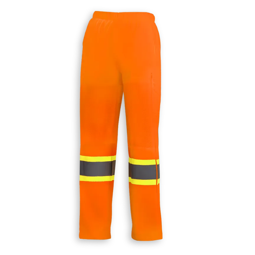 Back view of Big K women’s orange safety hi-vis tricot traffic pant with reflective leg tape.