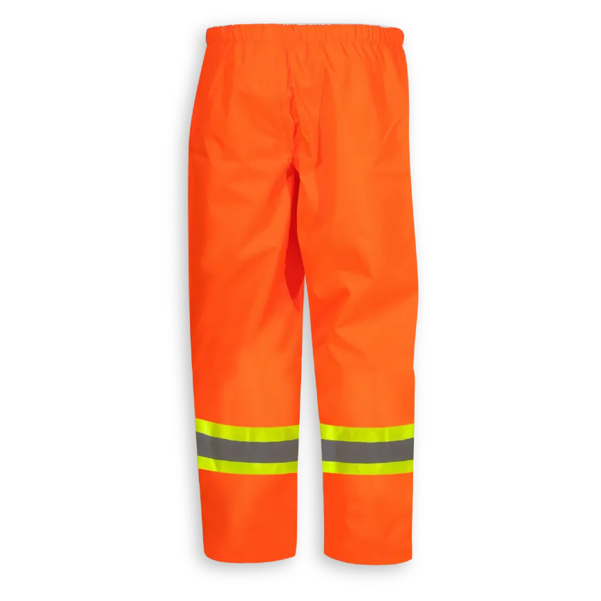 Back view of Big K women’s orange waterproof rain pant with reflective leg tape.