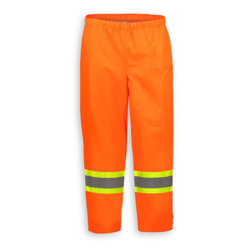 Big K women’s orange waterproof rain pant with elastic waist and reflective leg tape.