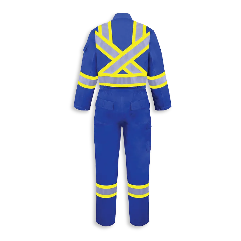 Back view of Big K women’s royal blue fire retardant coveralls with X-back reflective tape and rear pockets.
