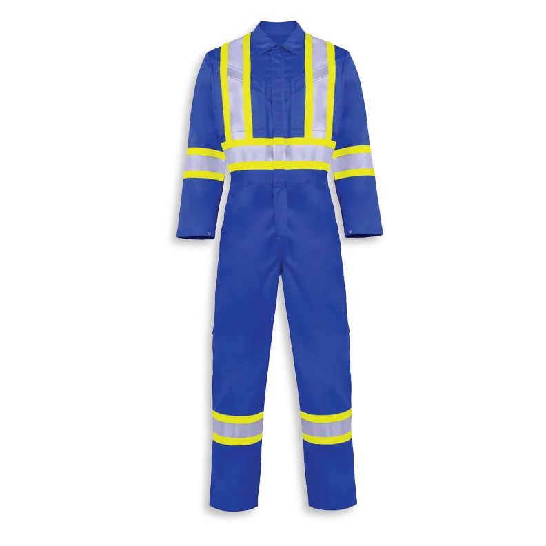 Big K women’s royal blue fire retardant coveralls with front button closure, reflective tape, and utility pockets.