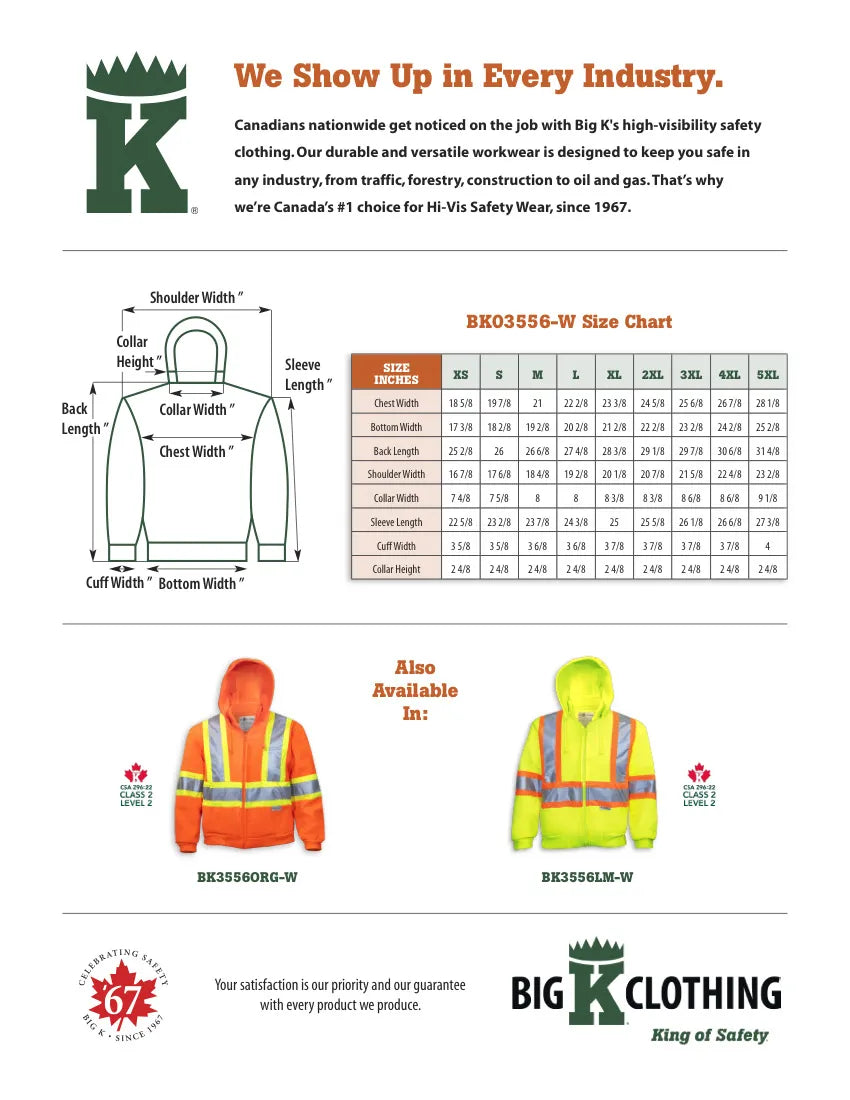 Big K women’s safety hoodie size chart with orange and lime color options.