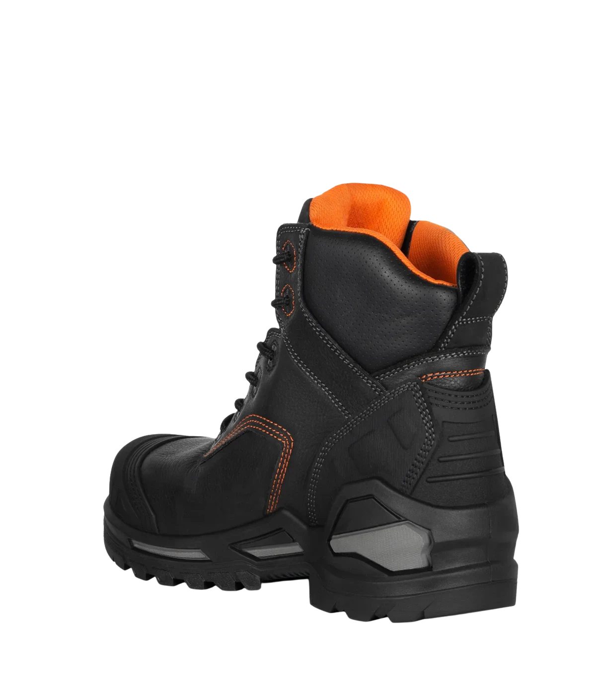 Rear angle view of Blade6 black leather work boot with orange lining
