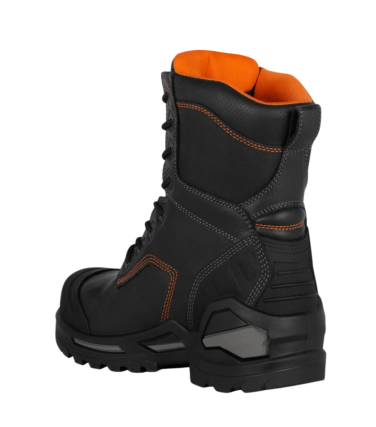 Rear angle view of Blade8 black leather boot with orange lining