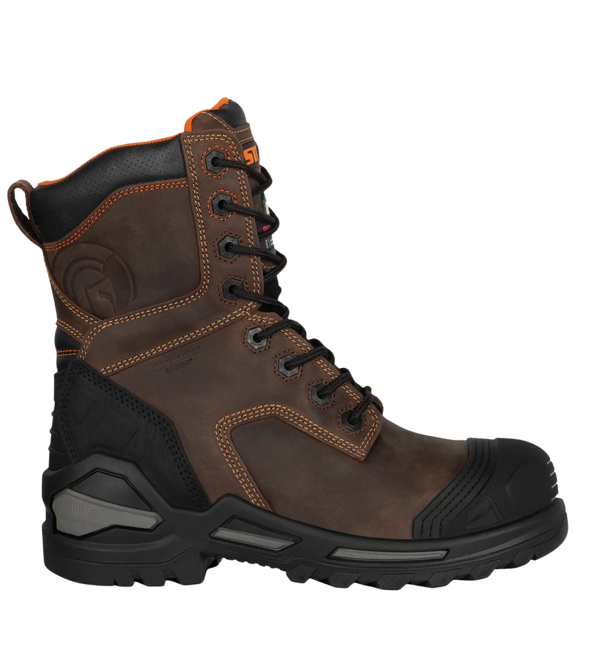 Blade8 brown waterproof leather work boot left side profile view