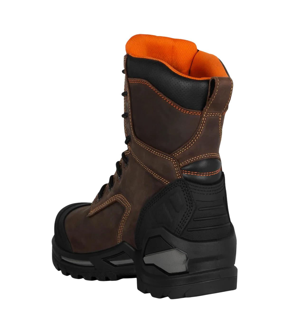 Rear angle view of Blade8 brown leather work boot with orange lining