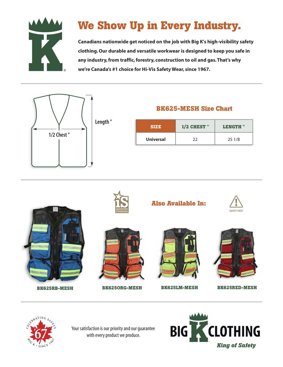 Blue BigK1000DNylonMeshFirstAidSafetyVestSizeChart