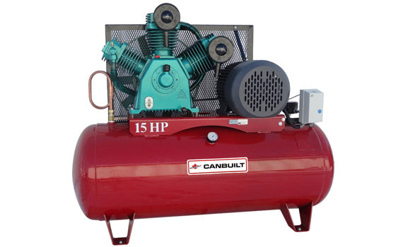 Canbuilt 15 HP Horizontal Air Compressor: 49.2 CFM at 150 PSI, Low RPM, 120 Gallon Tank, Industrial 3-Cyl Pump, Magnetic Starter, 575V 3-Phase