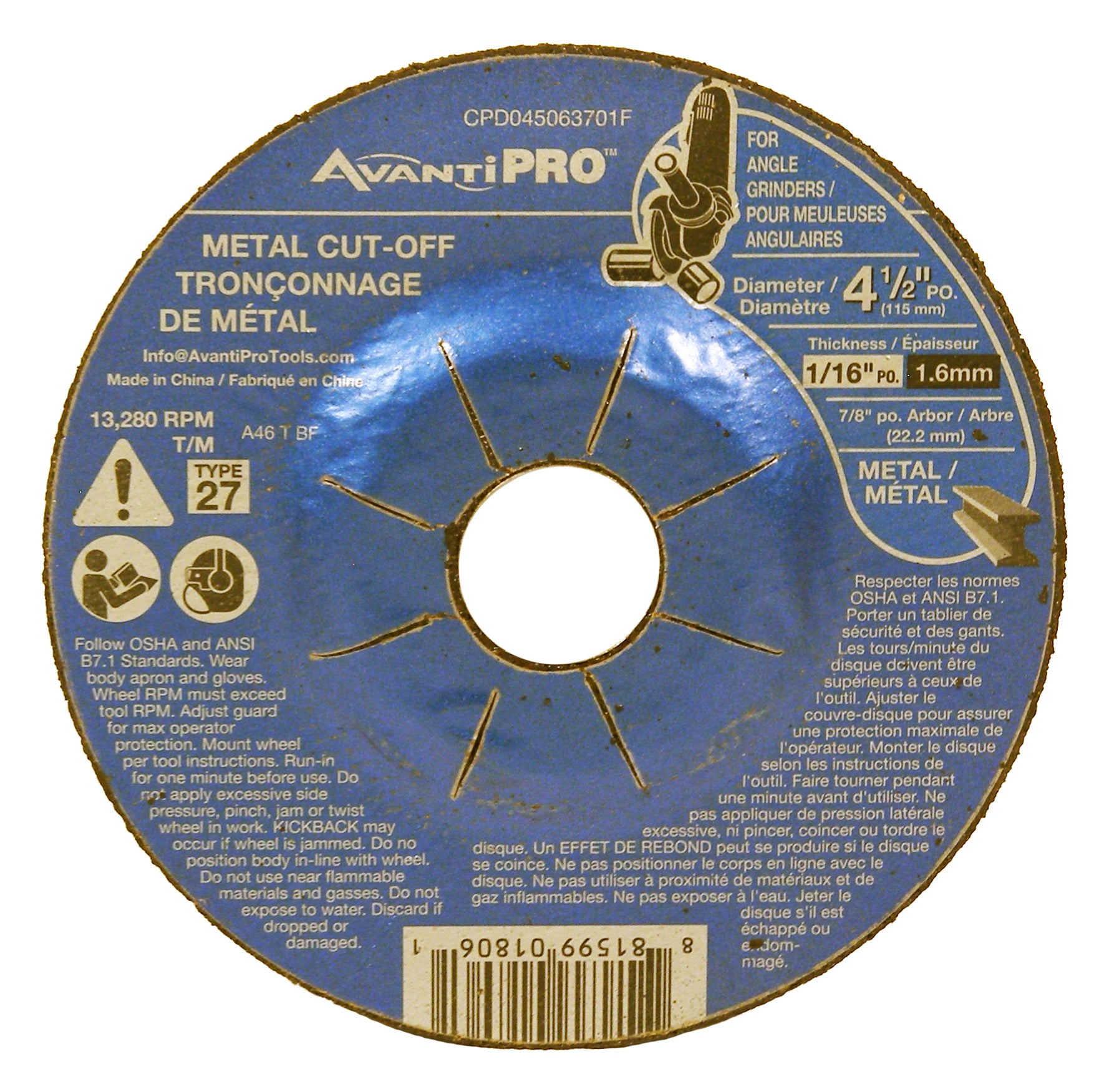 Avanti Pro 4.5" x 1/16" x 7/8" Type 27 Metal Cut Off Grinder Wheel/Disc, 25-Pack - High Performance, Precise Cutting for Various Metals