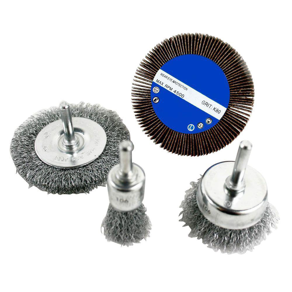 Avanti Pro 4-Piece Hand Drill Brush/Wheel Set for Rust & Paint Removal on Wood/Metal - Includes Wire Wheel, End Brush, Flap Wheel, Wire Cup