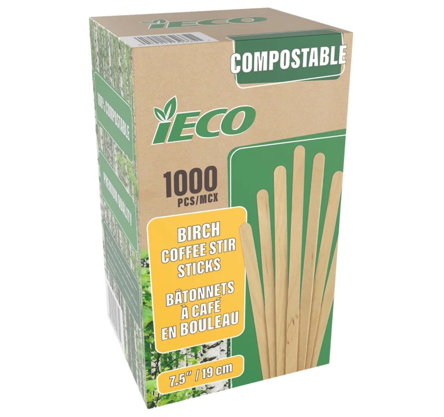 iEco 7.5" Coffee Stir Sticks – Disposable Wooden Stirrers, Rounded Ends, Bulk Case 10 x 1000 (10,000 Total)