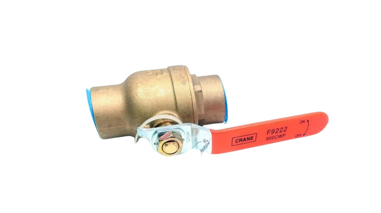 Crane F9222 Full Port Forged Brass Ball Valve | 2-Piece Body, Solder Ends, 600 CWP, ANSI/CAN/NSF 61 Approved | Industrial Applications, Zinc-Plated Handles, PTFE Seals