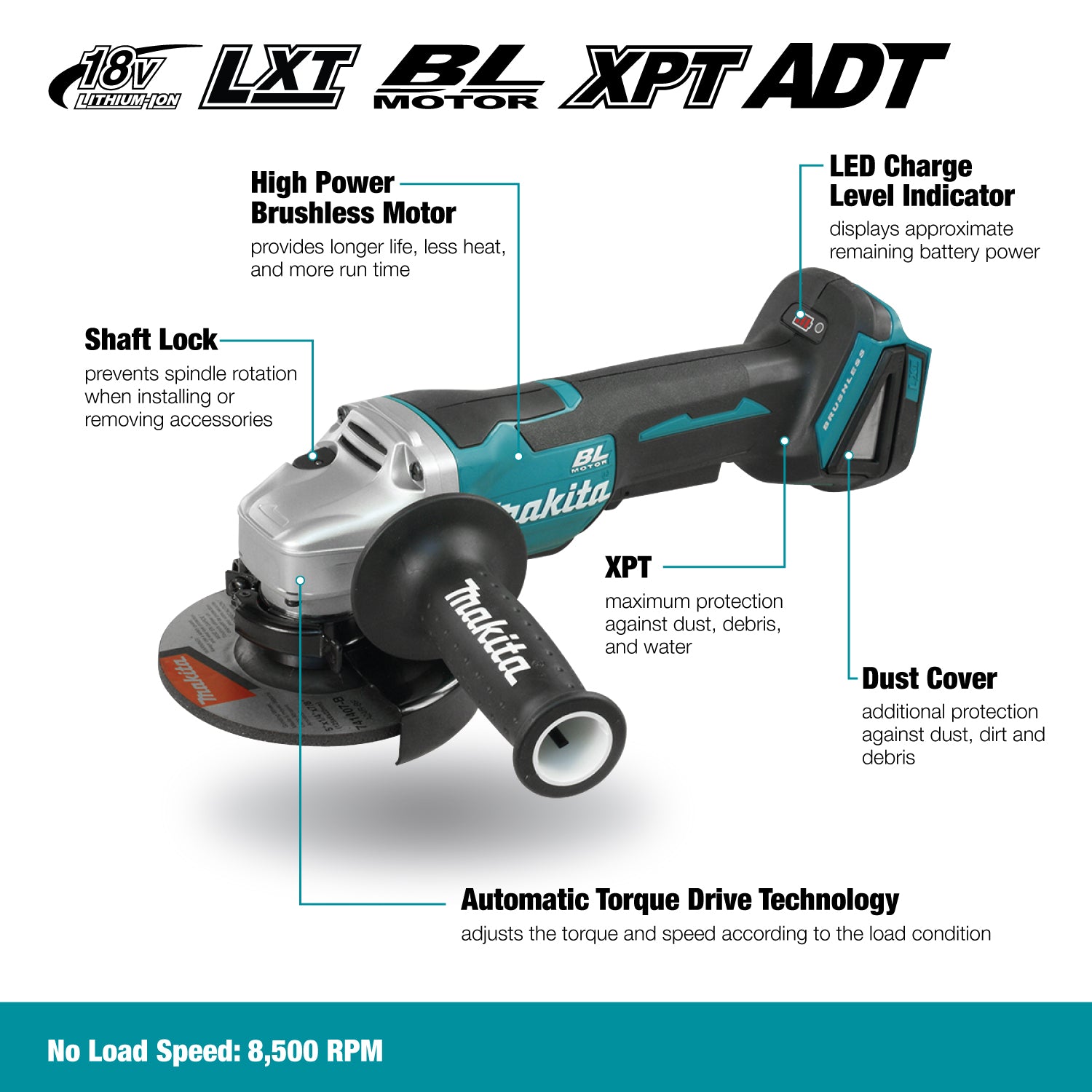 Makita DGA508Z 18V LXT Brushless 5" Angle Grinder (Tool Only) w/ Paddle Switch - ADT, XPT Protection, Safety Brake, Anti-Restart, Soft Start