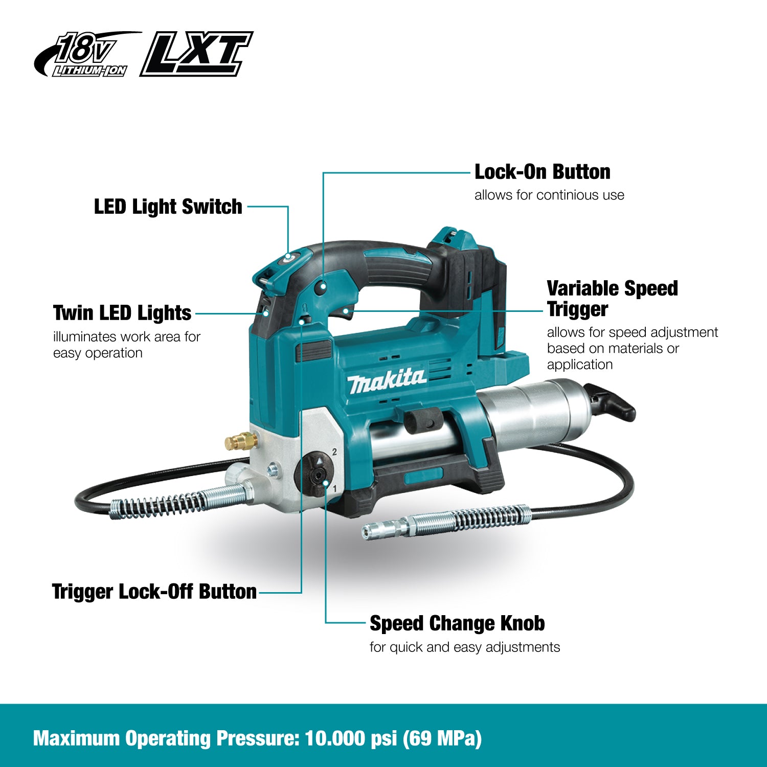 Makita 18V LXT Grease Gun Compact Kit DGP180SYX1 - Variable Speed, 10,000 PSI, Auto Speed Mode, 47" Hose, LED Light, Battery, Charger, and Tool Bag