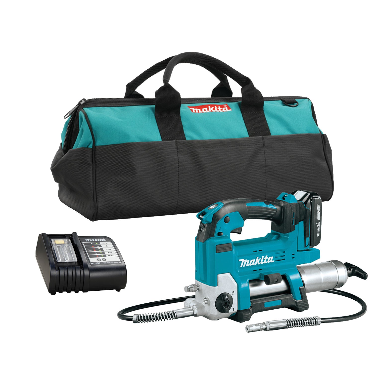 Makita 18V LXT Grease Gun Compact Kit DGP180SYX1 - Variable Speed, 10,000 PSI, Auto Speed Mode, 47" Hose, LED Light, Battery, Charger, and Tool Bag