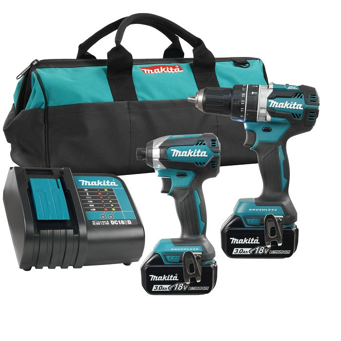 Makita DLX2180S 18V LXT Brushless 2 Tool Combo Kit – 1/2" Hammer Drill/Driver & 1/4" Impact Driver, 2x 3.0Ah Batteries, Standard Charger, 21" Tool Bag