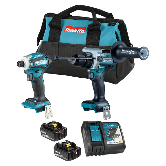 Makita DLX2455TX4 18V LXT Brushless 2 Tool Combo Kit – 1/2" Hammer Drill/Driver & 1/4" Impact Driver, 2x 5.0Ah Batteries, Rapid Charger, 14" Tool Bag