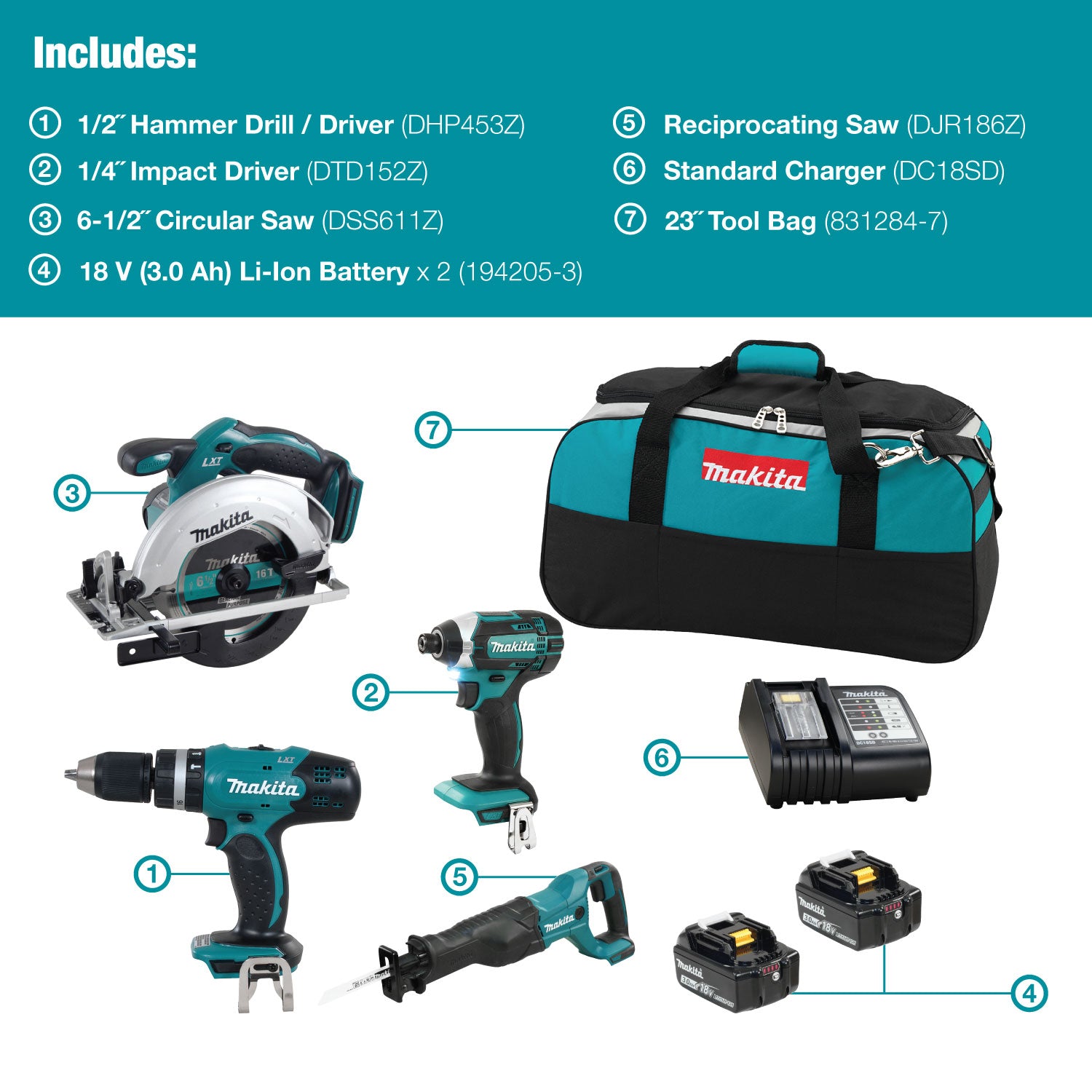 Makita DLX4057X1 18V LXT 4 Tool Combo Kit – Hammer Drill/Driver, Impact Driver, Circular Saw, Reciprocating Saw, 2x 3.0Ah Batteries, Charger, Tool Bag