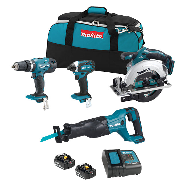 Makita DLX4057X1 18V LXT 4 Tool Combo Kit – Hammer Drill/Driver, Impact Driver, Circular Saw, Reciprocating Saw, 2x 3.0Ah Batteries, Charger, Tool Bag