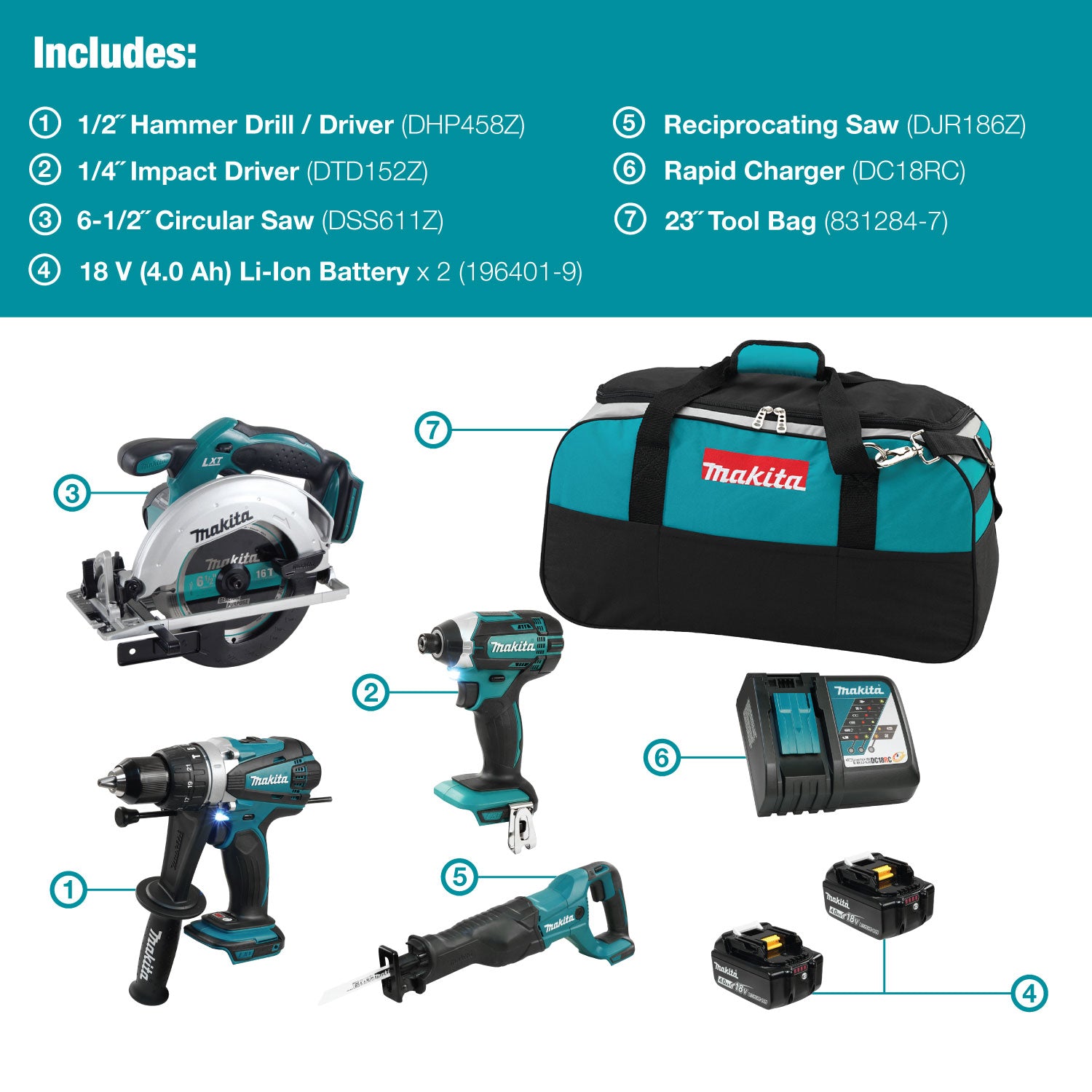 Makita DLX4058M 18V LXT 4 Tool Kit – Hammer Drill/Driver, Impact Driver, Circular Saw, Reciprocating Saw, 2x 4.0Ah Batteries, Rapid Charger, Tool Bag